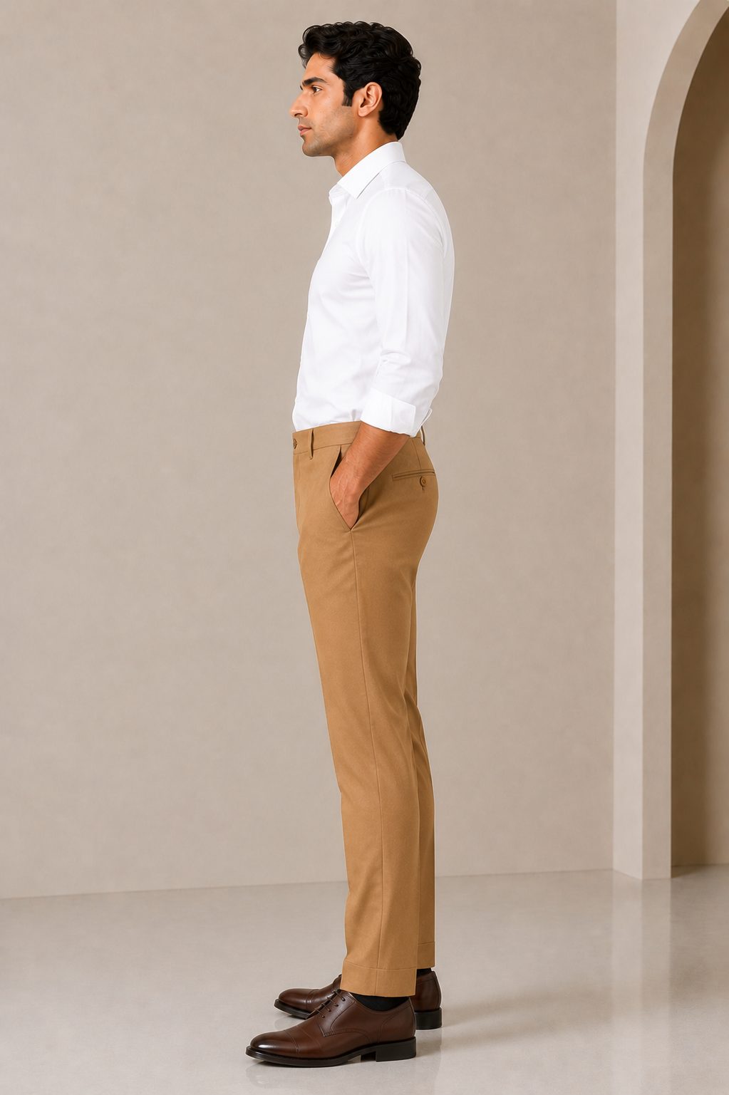 Patloon Jack Williams Camel Lycra blend regular fit pants side