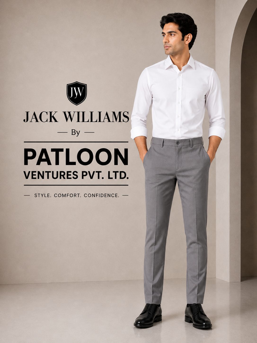 Patloon Jack Williams Stone Grey Lycra blend regular fit pants detail
