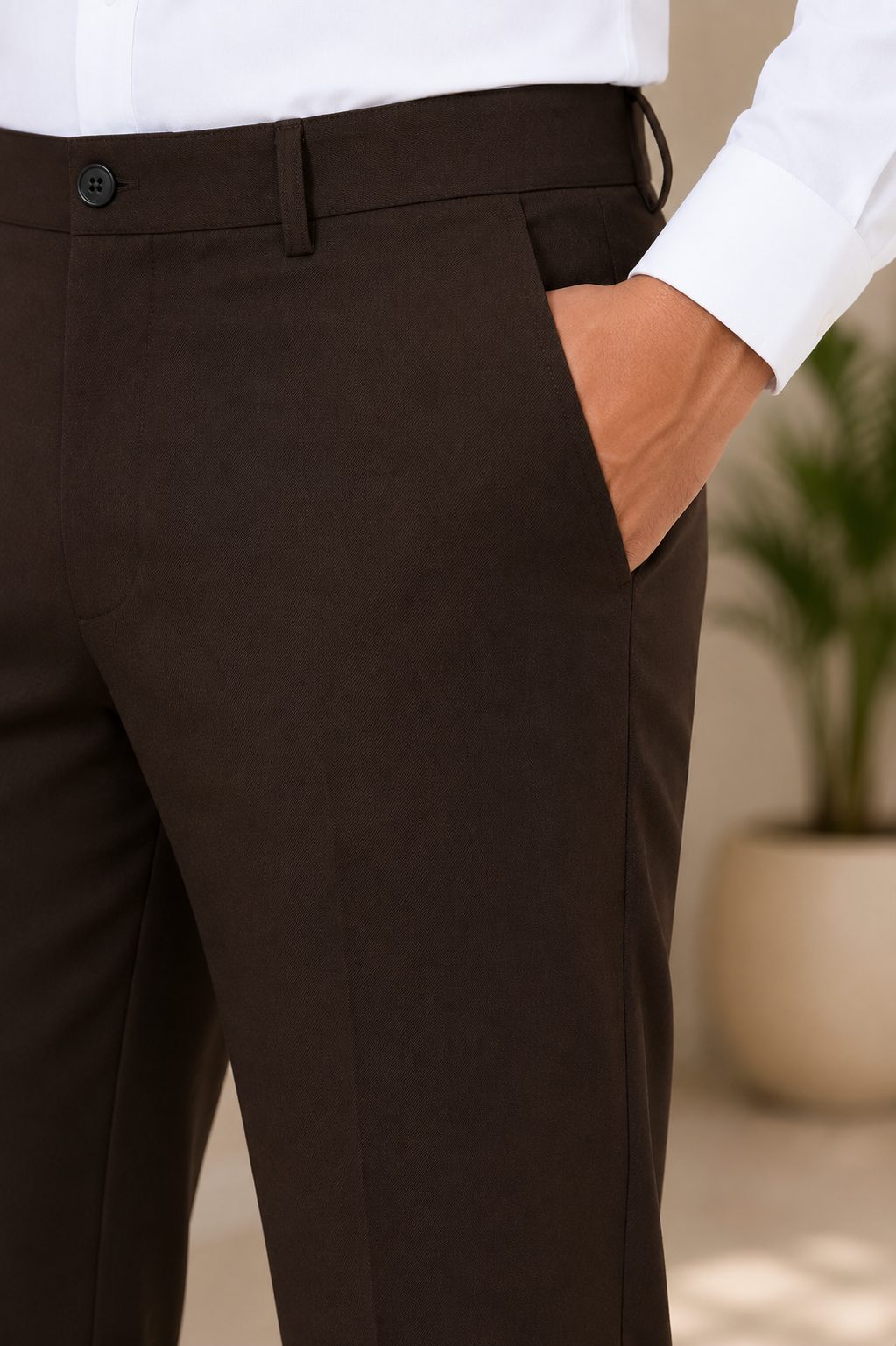 Patloon Jack Williams Chocolate Brown cotton blend slim fit pants pocket detail