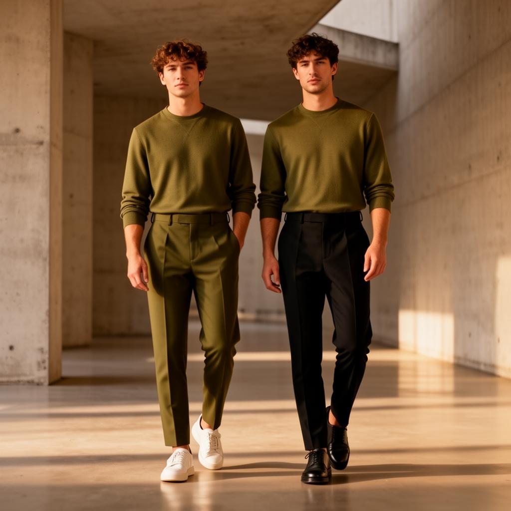 Editorial lookbook duo in olive and black trousers